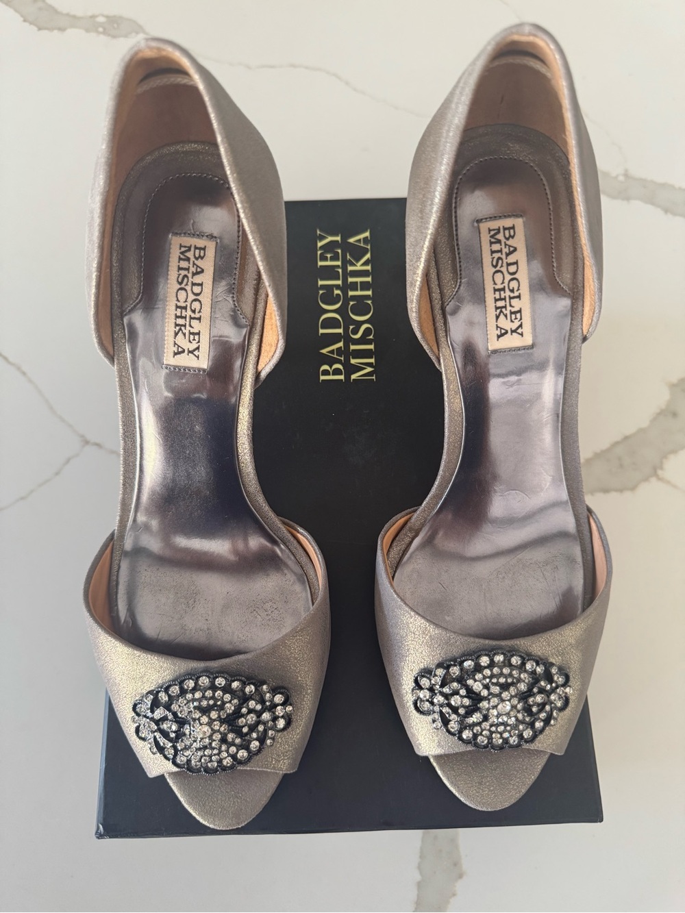 Badgley Mischka Champagne Metallic Peep-Toe Heels with Crystal Brooch